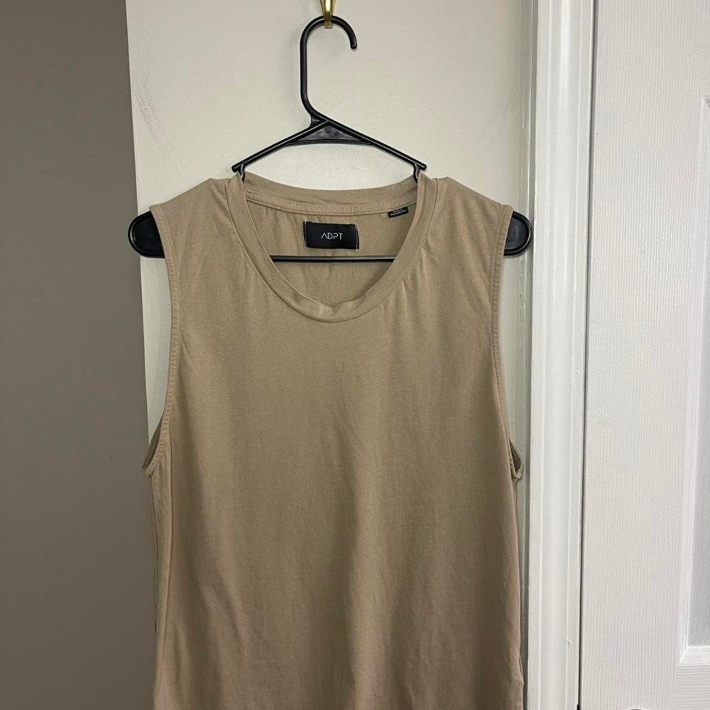 ADPT Tan Khaki Sleeveless Muscle Tee Crew Neck Tank Top Minimalist Casual